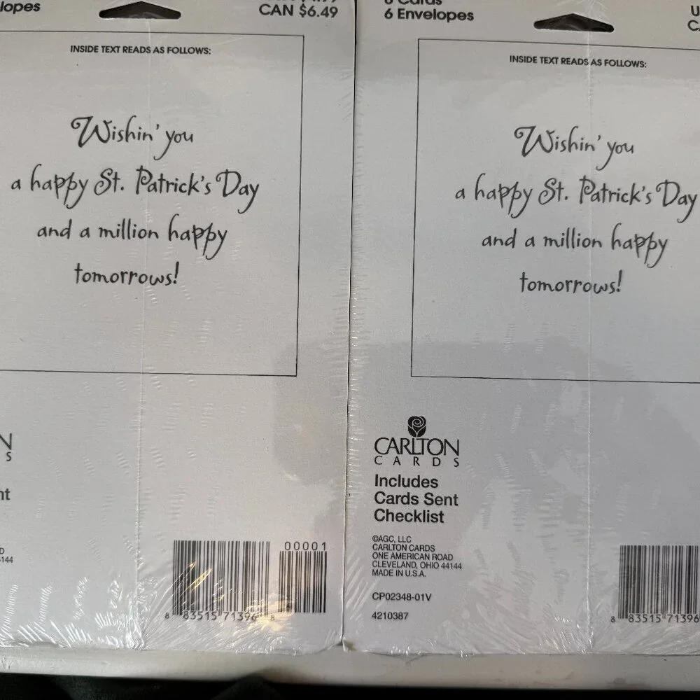 St. Patrick's Day Cards Carlton 2 Pkgs of 6 Each New Unopened Irish Leprechaun